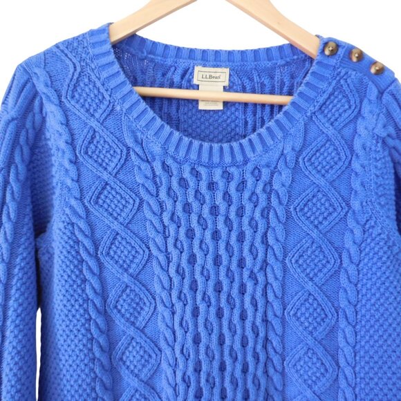 LL Bean Womens Sweater Fishermans Cable Knit Preppy Blue Size Large - Picture 2 of 5